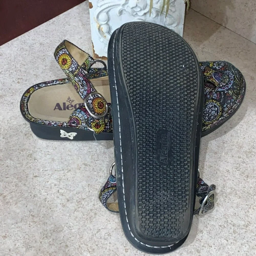 Alegria Freesia Rainbow Mosaic Mules Size 9 Slip On Multi Color Comfort Shoe